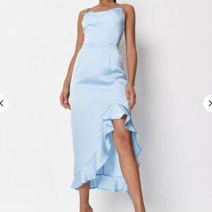 Blue Satin Ruffle Midi Dress